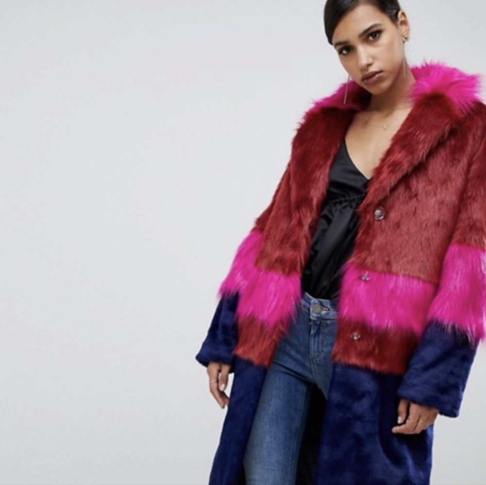 ASOS • Color Block Faux Fur Coat Size 4 - Picture 2 of 8